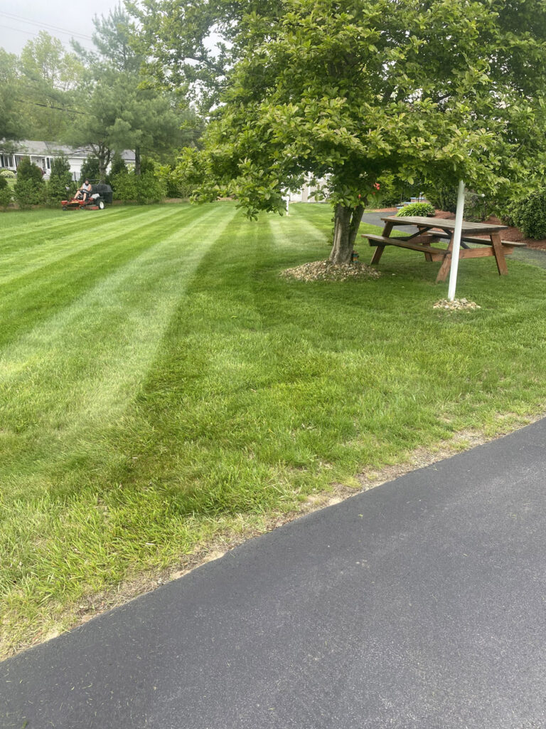Spring cleanup and lawn mowing in Windham, NH by Sweeet Landscaping, showcasing a freshly cut lawn with a person operating a mower, bordered by a paved road and surrounded by greenery.